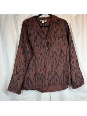 Irving & Fine 100% silk ikat abstract long sleeve blouse